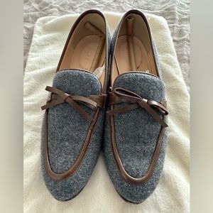 J Crew Grey Loafers with Brown Trim, size 6.5. Calf Hair.